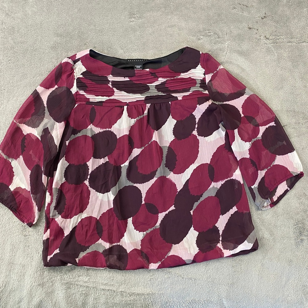 Apostrophe Blouse Womens M Purple Dot‎ Pintuck 3/4 Sleeve Artsy Office Mod Top